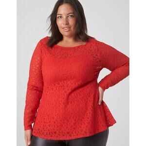 Lane Bryant Classic Long Sleeve Boat Neck Lace Red Peplum Top Size 14 1X Plus